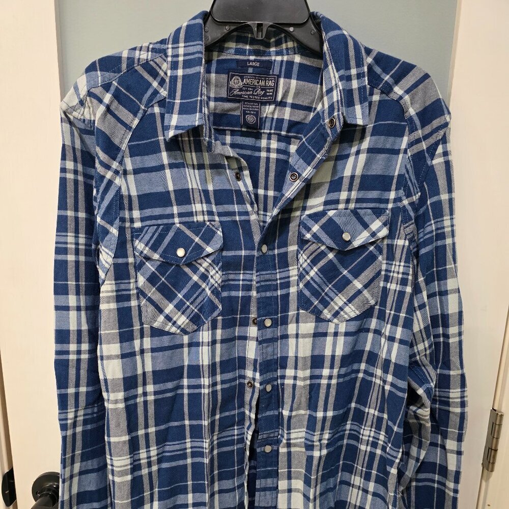 American Rag Blue White Plaid‎ Button Up Shirt Large Snap Closure Western
